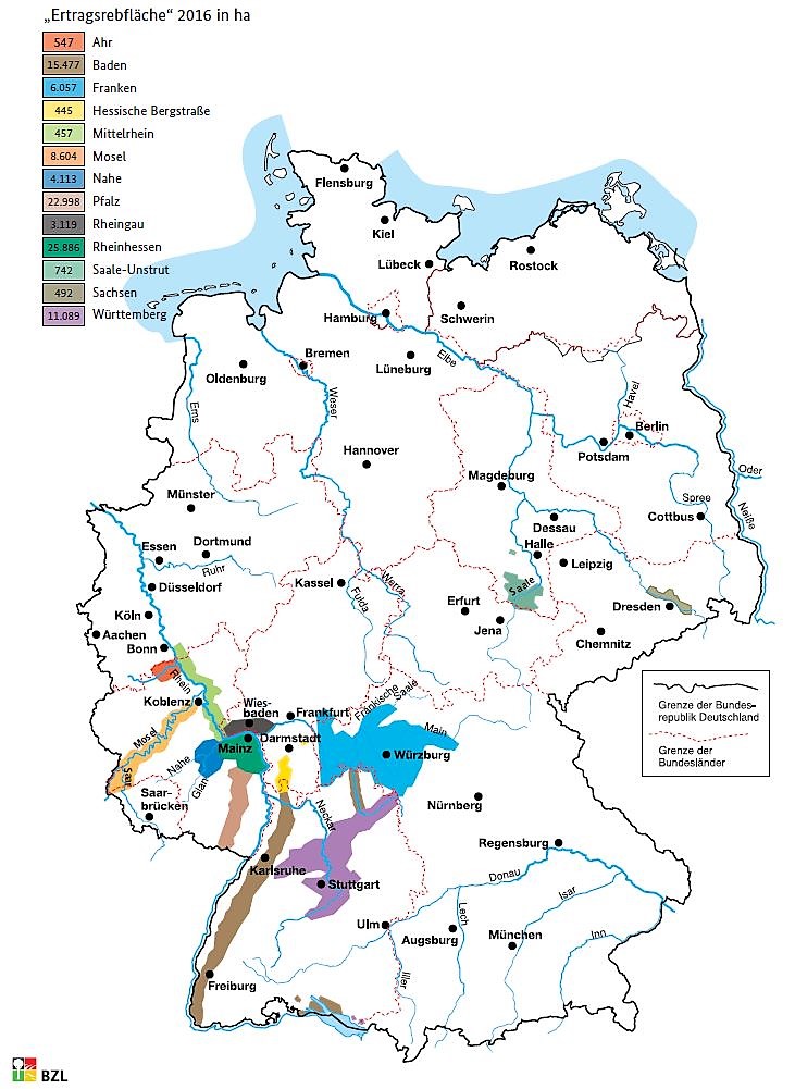 Die 13 „bestimmten Anbaugebiete” für Qualitätsweine in Deutschland