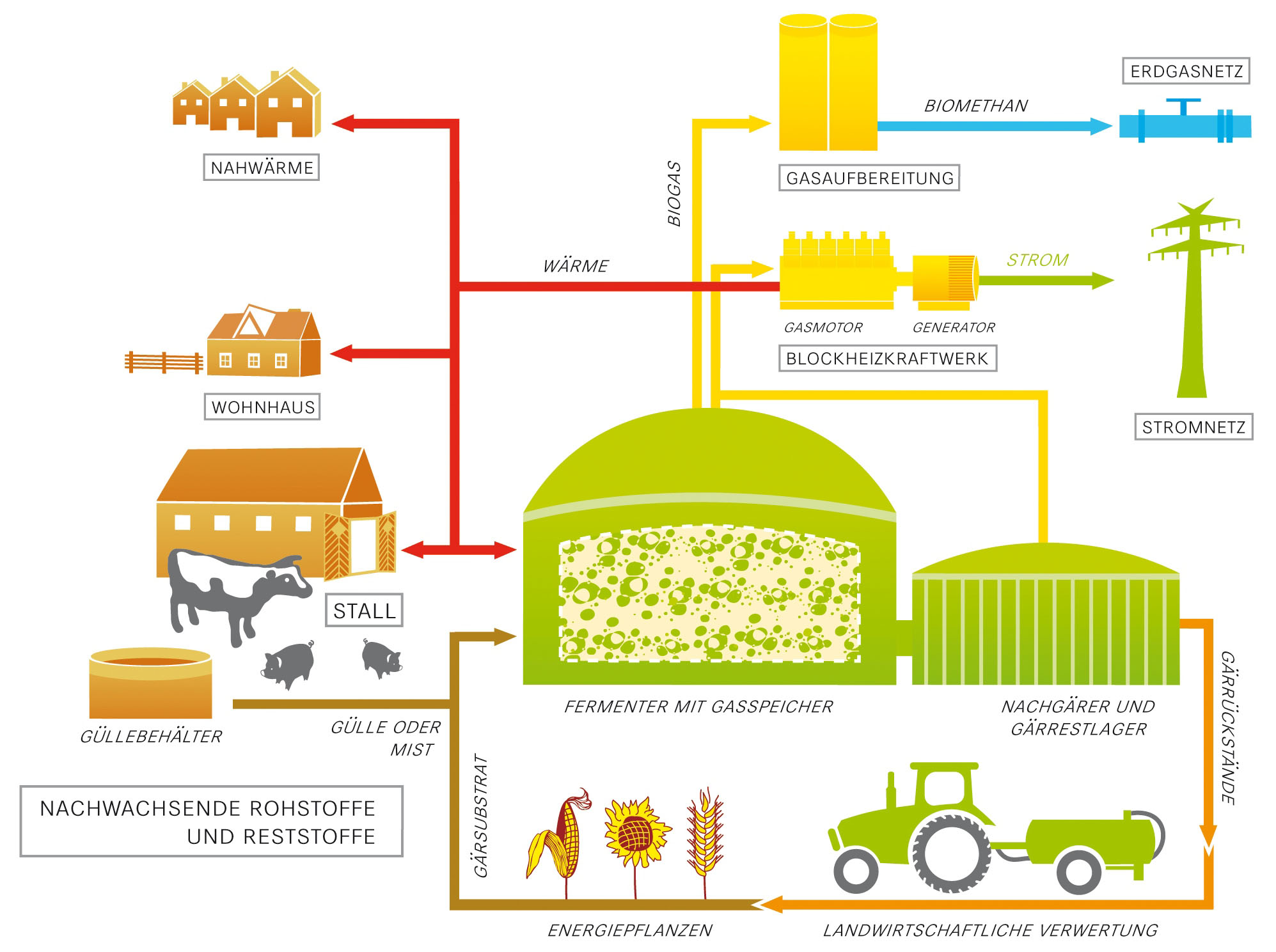 Schema einer landwirtschaftlichen Biogasanlage