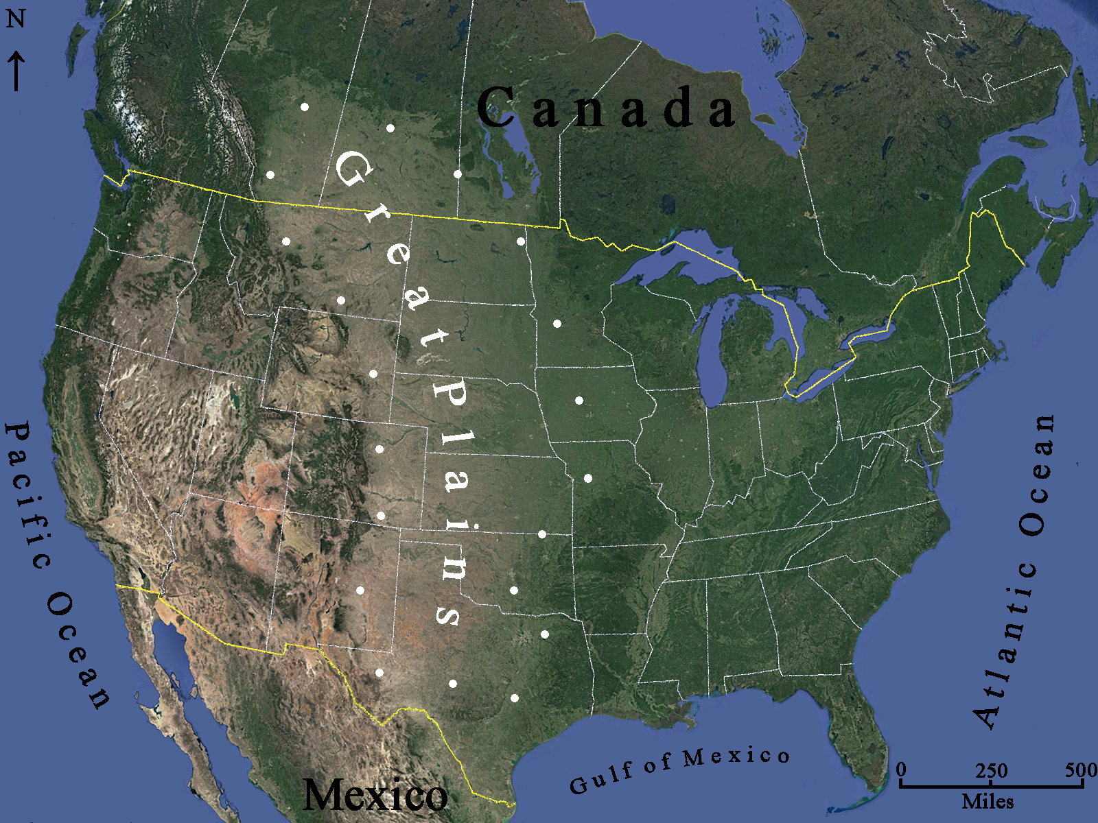 Ungefährer Grenzverlauf der Great Plains auf der Grundlage eines Satellitenbildes
